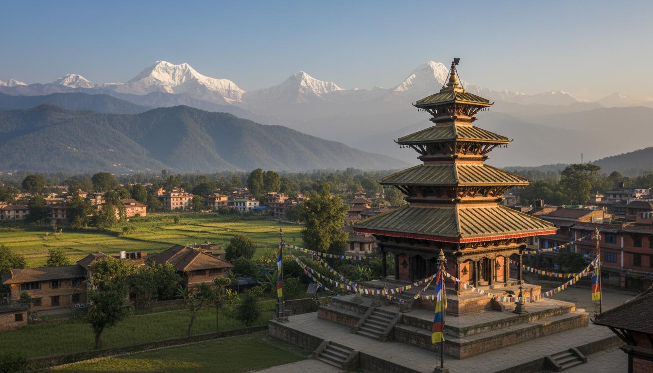 Nepal landscape with temple and mountains